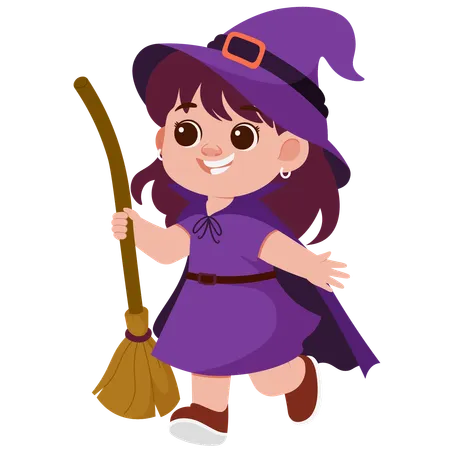 Happy Girl Witch With Witch Broom  Illustration