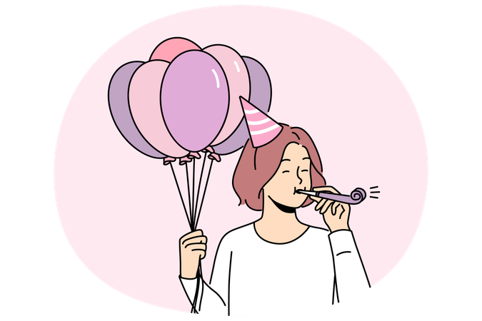Happy girl with balloons blow in whistle  Illustration