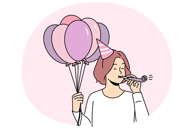 Happy girl with balloons blow in whistle  Illustration