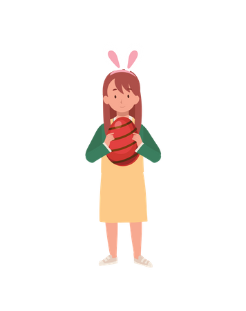Happy girl with bunny ears is holding a big Easter egg  Illustration