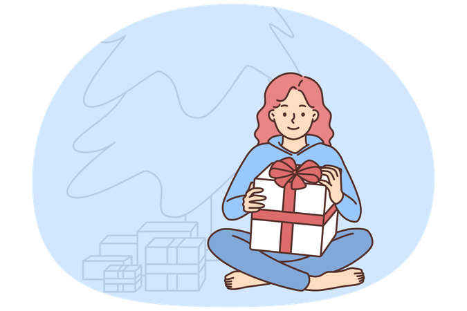 Happy girl with Christmas gifts near fir tree  Illustration