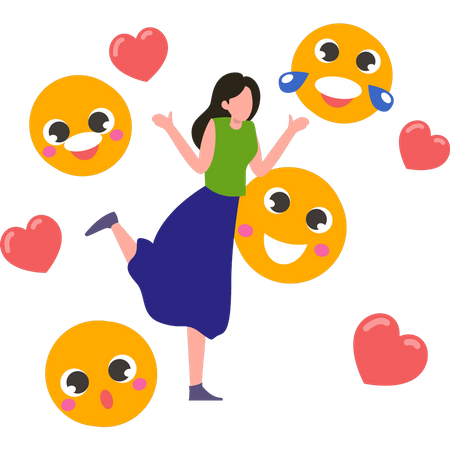 Happy girl with emojis  일러스트레이션