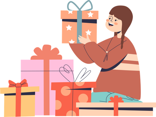 Happy girl with pile of gift Illustration