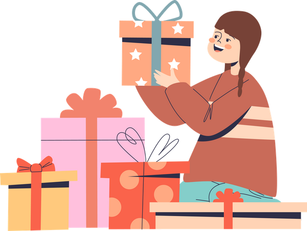 Happy girl with pile of gift  Illustration