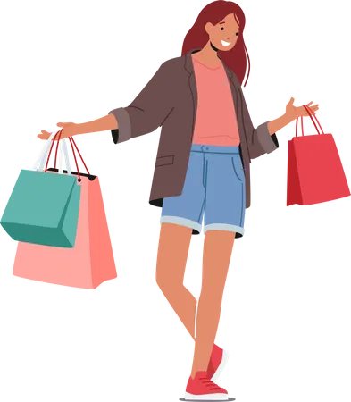 Cheerful Shopaholic Girl With Purchases In Colorful Paper Bags Happy Stylish Woman Holding Shopping Packages Female Buyer Having Fun During Seasonal Sale Discount Offer Cartoon Vector Illustration Illustration