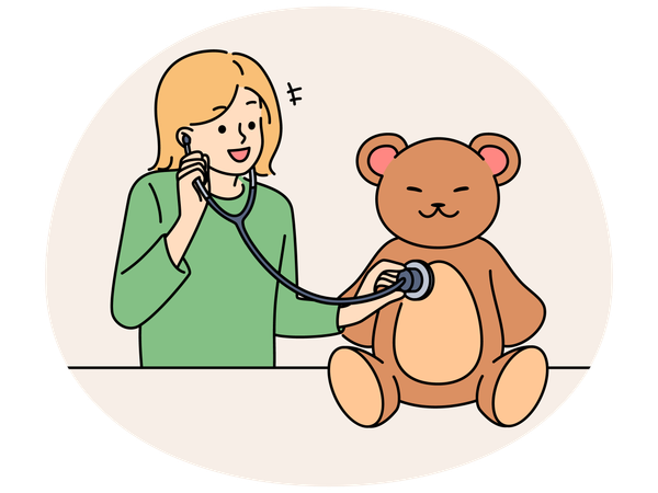 Happy girl with stethoscope play with toy  Illustration