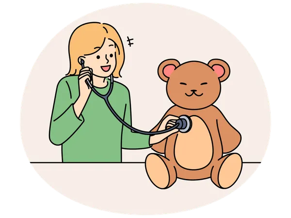 Happy girl with stethoscope play with toy  Illustration