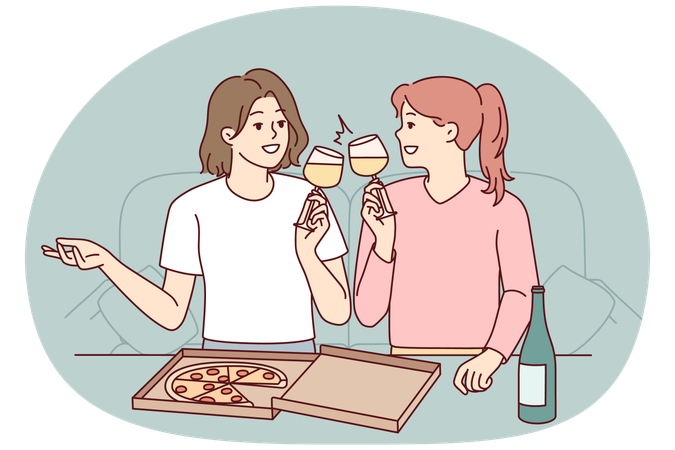 Happy girls eat pizza and drinking wine  Illustration