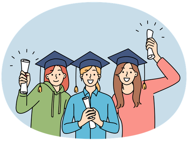 Happy girls holding graduation diplomas  Illustration