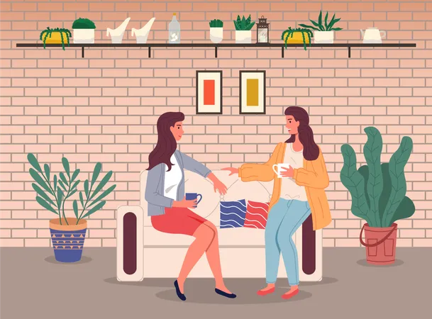 Happy girls spending leisure time at home  Illustration