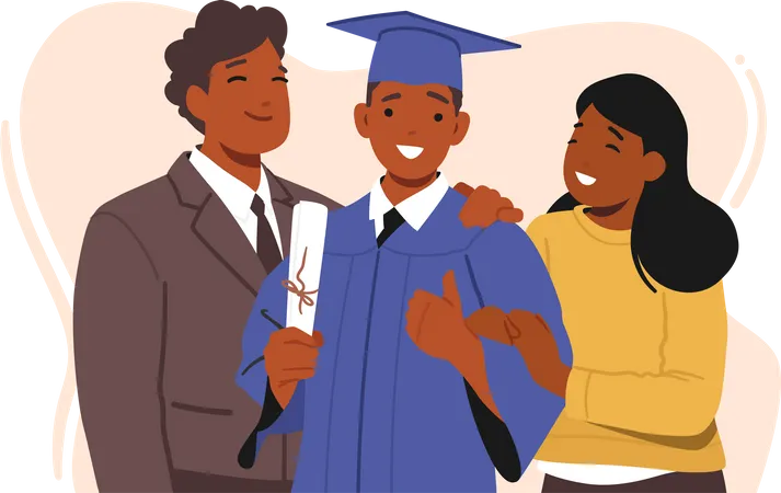 Happy Graduate Boy Stands Beside His Proud Parents Dad And Mom Characters Smiling As They Celebrate Academic Achievement And Bright Future Of Their Son Cartoon People Vector Illustration Illustration