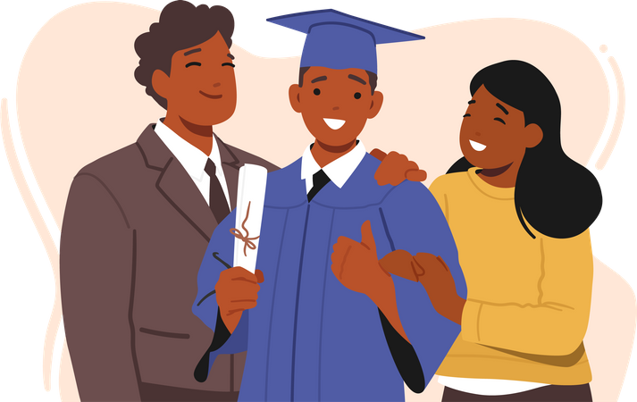 Happy Graduate Boy Stands Beside His Proud Parents  Illustration