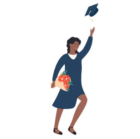 Happy Graduate Student Vector Illustration Cartoon Flat Young African American Black Female Jumping With Cap Flowers In Hands Celebrating Graduation Education Illustration