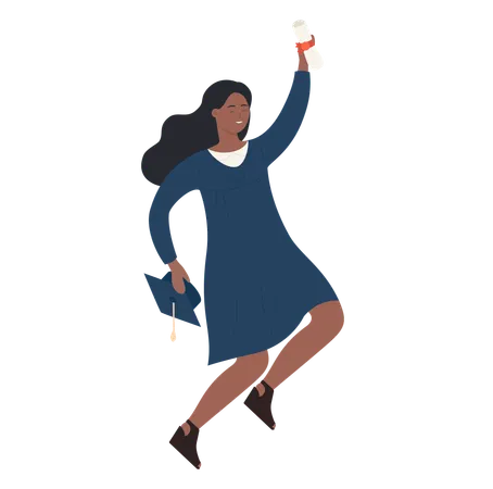 Happy Graduate Student Vector Illustration Cartoon Flat Young African American Black Female Jumping With Cap Certificate Or Diploma In Hands Celebrating Graduation Education Background イラスト