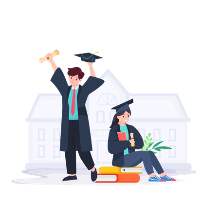 Happy Graduated Students Wearing Academic Dress Gown  Illustration