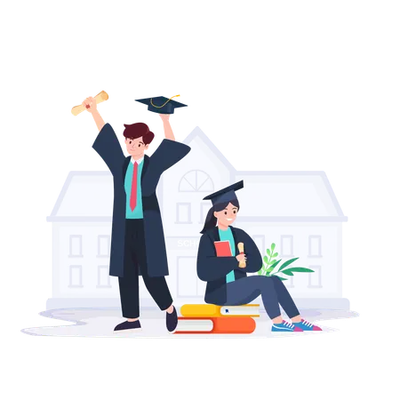 Happy Graduated Students Wearing Academic Dress Gown  Illustration