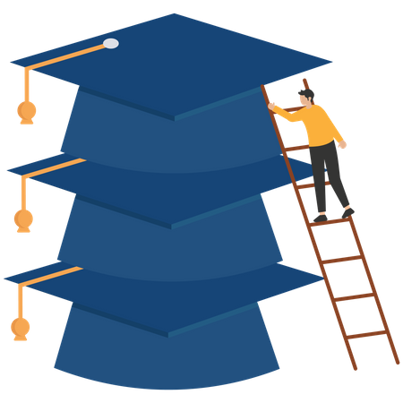 Happy graduating student climbing to the top of book piles  Illustration