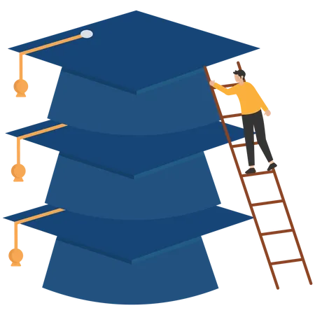 Happy graduating student climbing to the top of book piles  Illustration