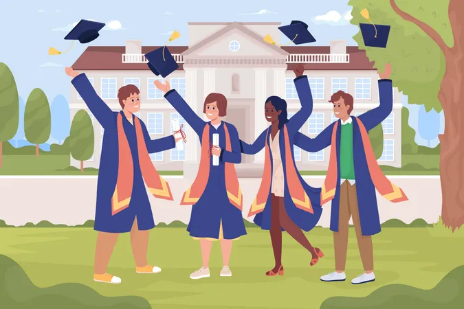 Happy Graduating Students At University Flat Color Vector Illustration Education System Fully Editable 2 D Simple Cartoon Characters With Campus Building On Background Cardo Font Used イラスト