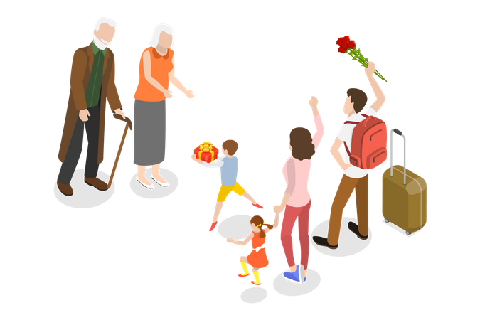 Happy Grandchildren Visiting Grandparents  Illustration