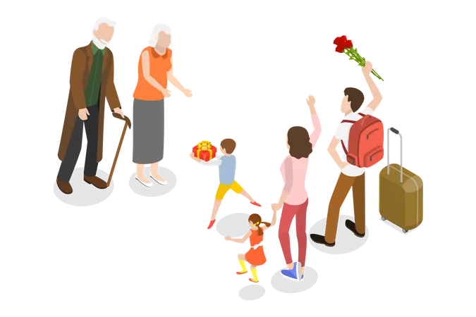3 D Isometric Flat Vector Conceptual Illustration Of Meeting Family Happy Grandchildren Visiting Grandparents Illustration