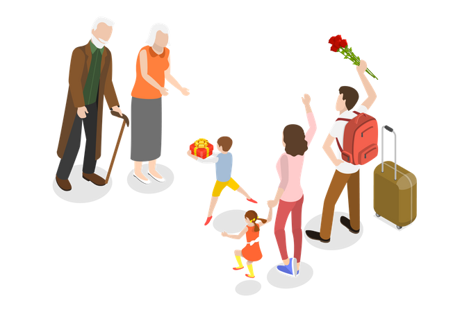 Happy Grandchildren Visiting Grandparents  Illustration