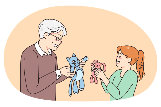Happy grandfather play dolls with small granddaughter  Illustration