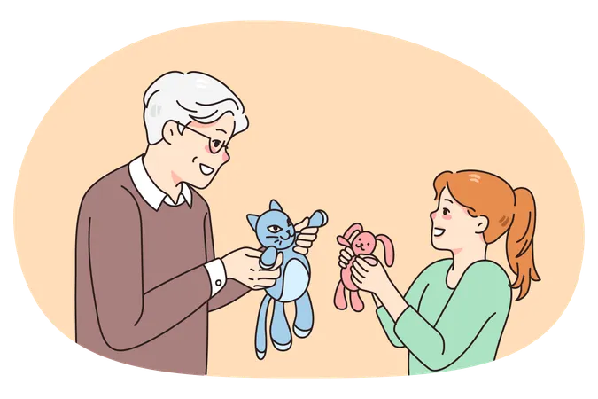 Happy grandfather play dolls with small granddaughter  Illustration