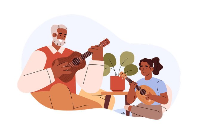Happy grandfather teaching kid to play ukulele  Illustration