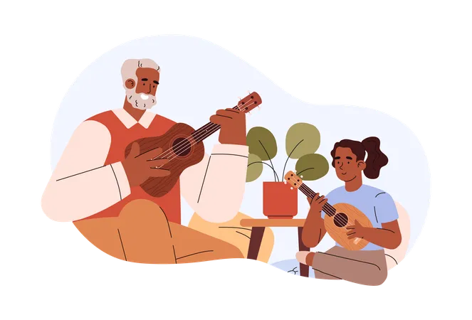 Happy Grandfather Teaching Kid Girl Playing Ukulele Flat Style Vector Illustration Isolated Learning Together Happy Childhood Hobby And Leisure Playing Music Illustration