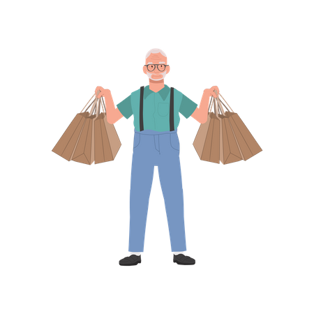 Happy Grandpa Holding Shopping Bags  イラスト