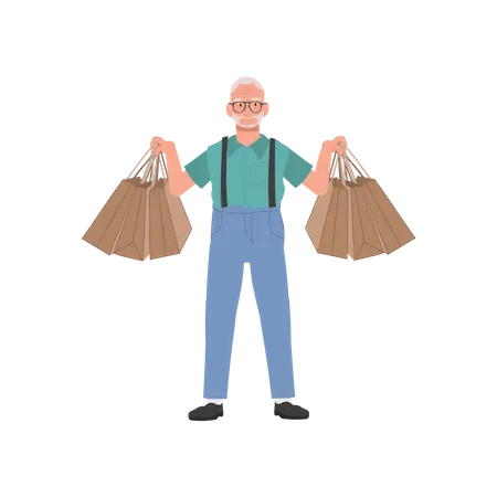 Happy Grandpa Holding Shopping Bags Elderly Man Enjoying Shopping With Shopping Bags Senior Lifestyle And Retail Therapy Illustration