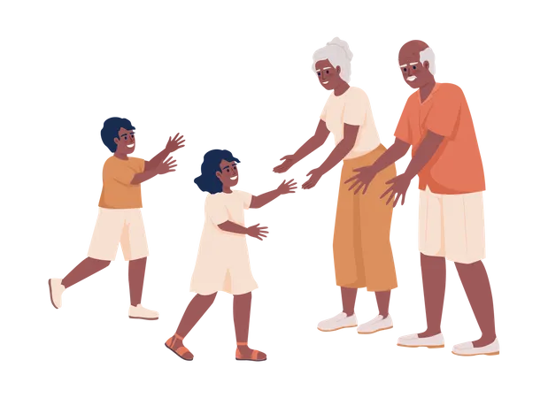 Happy Grandparents Greeting Grandchildren Semi Flat Color Vector Characters Editable Figures Full Body People On White Simple Cartoon Style Illustration For Web Graphic Design And Animation Illustration