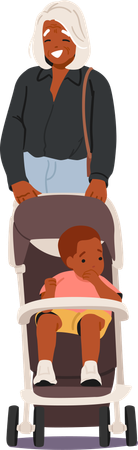 Happy grey-haired grandmother strolling toddler grandchild in pram  Illustration
