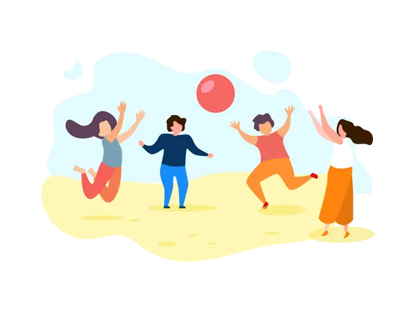 Happy Group of Children Play Ball at Beach Illustration