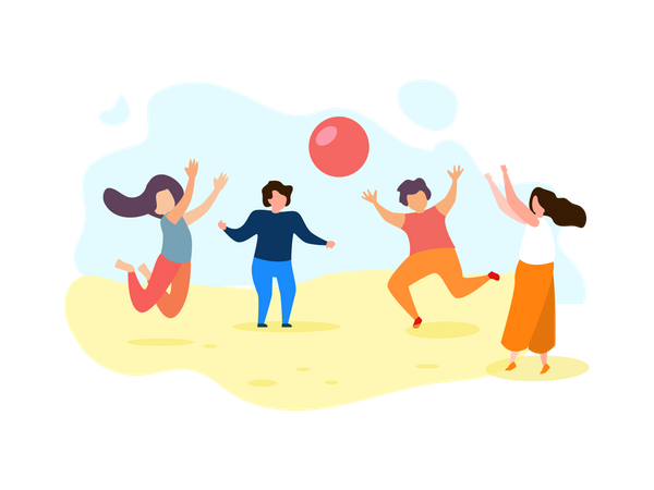 Happy Group of Children Play Ball at Beach  Illustration