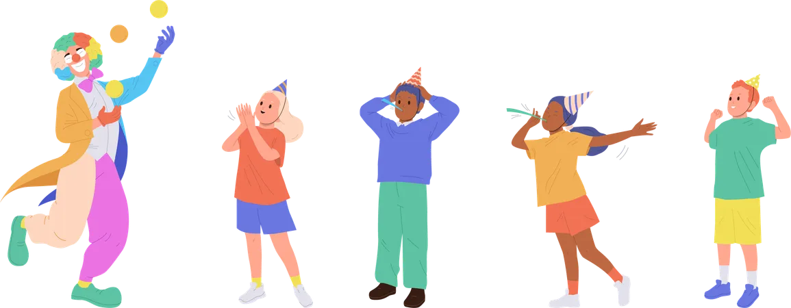 Happy group of kids enjoying birthday party celebration with joyful funny clown  Illustration