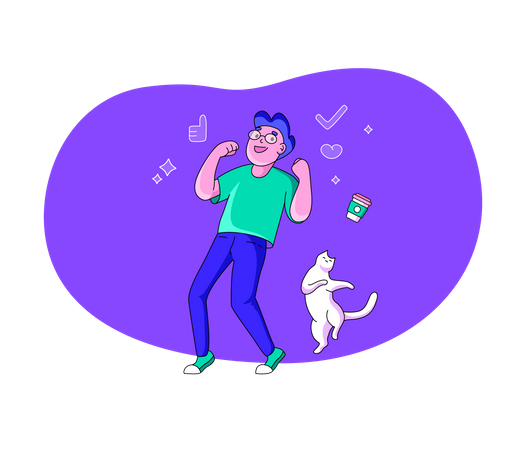 Happy guy and cat jumping up at night Illustration