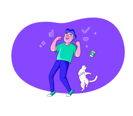 Happy guy and cat jumping up at night  Illustration