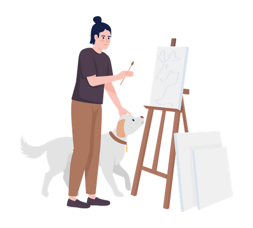 Happy guy petting dog and painting on canvas Illustration