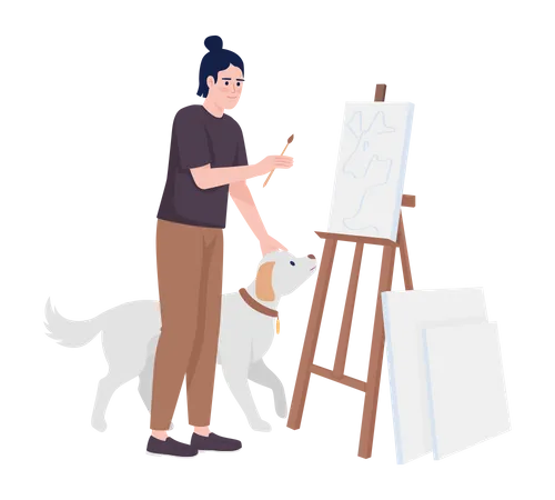 Happy guy petting dog and painting on canvas Illustration