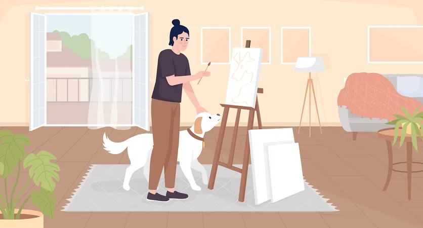 Happy guy petting dog and painting on canvas  Illustration