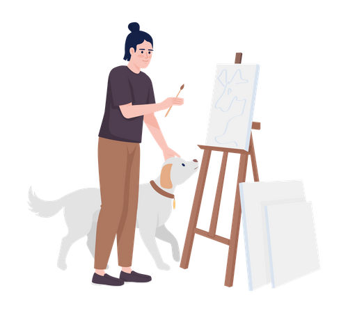Happy guy petting dog and painting on canvas  일러스트레이션