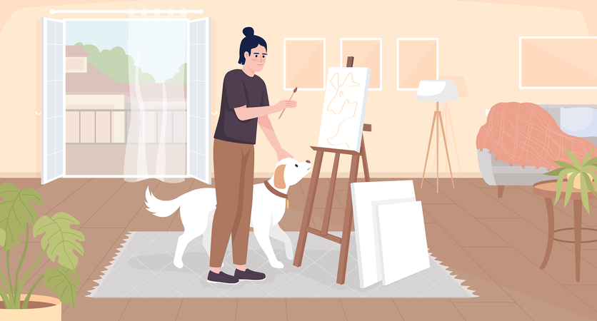 Happy guy petting dog and painting on canvas  일러스트레이션