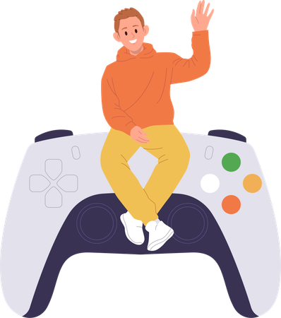 Happy guy sitting on huge game console  Illustration