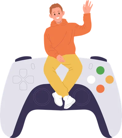 Happy guy sitting on huge game console  Illustration