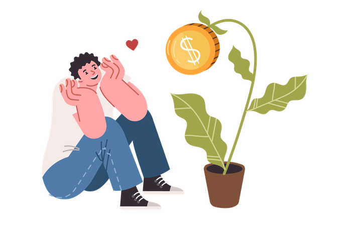 Happy guy watches potted money tree grow as metaphor for passive investment income  Illustration