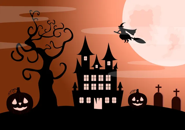 Halloween Night Party Background Silhouette Landing Page Illustration With Witch Haunted House Pumpkins Bats And Other For Add Your Design Style イラスト