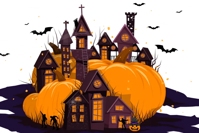 Happy Halloween Trick Or Treat Poster For Invitation Illustration Halloween Night Poster Pumpkin Castle Undead Bat Web Tower House For Designer Create Banner Or Web Page Illustration