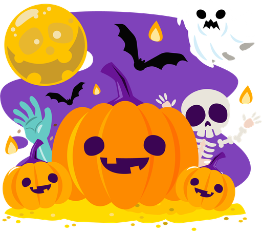 Halloween greeting with Jack o lantern pumpkins and halloween friends  Illustration